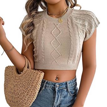 Women Spring and Summer Sweater Casual Short Sleeve Knitted Pullover Round Neck Top