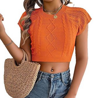 Women Spring and Summer Sweater Casual Short Sleeve Knitted Pullover Round Neck Top