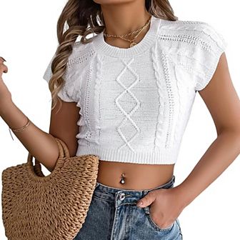 Women Spring and Summer Sweater Casual Short Sleeve Knitted Pullover Round Neck Top