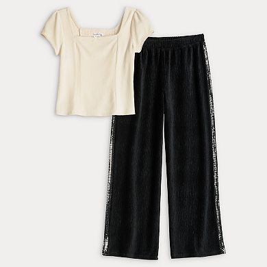 Girls 7-16 eyeshadow Velvet Top & Sequin Side Stripe Pant Set