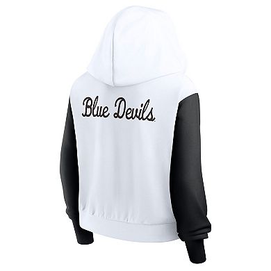 Women's Nike White Duke Blue Devils Cropped Beyond Capability Color-Block Script Full-Zip Hoodie