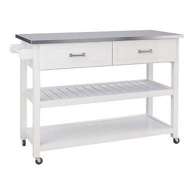White Wood 47.24 in. Kitchen Island with Stainless Steel Top and Wheels