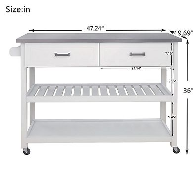 White Wood 47.24 in. Kitchen Island with Stainless Steel Top and Wheels
