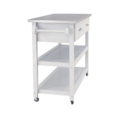 White Wood 47.24 in. Kitchen Island with Stainless Steel Top and Wheels