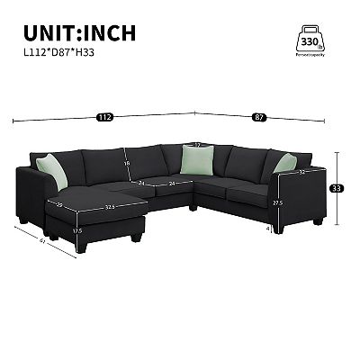 Merax 7-Seat L-Shaped Fabric Modular Sectional Sofa Set with Ottoman & 3 Pillows