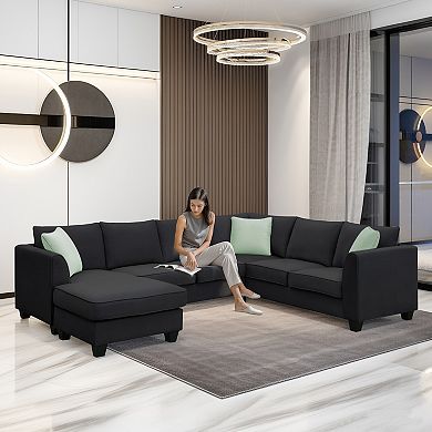 Merax 7-Seat L-Shaped Fabric Modular Sectional Sofa Set with Ottoman & 3 Pillows