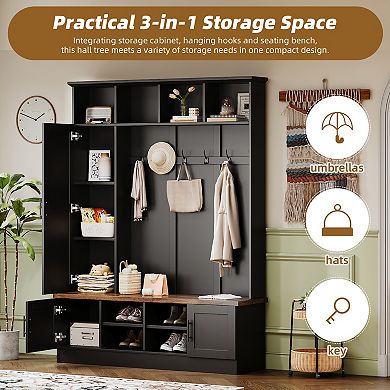 Merax Versatile 3-in-1 Hall Tree with 6 Hooks，55"W Modern Entryway Coat Rack