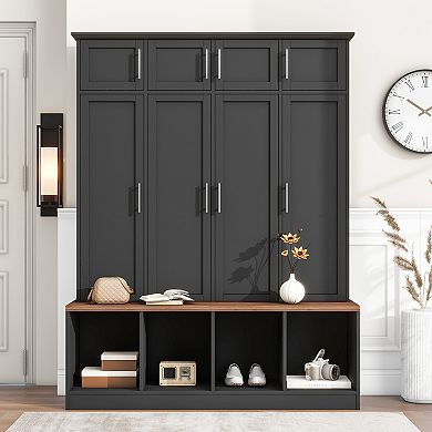 Merax Versatile Hall Tree with 4 Hanging Hooks，Brown Wood Grain Bench with Multiple Storage Space