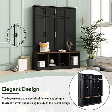 Merax Versatile Hall Tree with 4 Hanging Hooks，Brown Wood Grain Bench with Multiple Storage Space