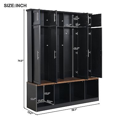 Merax Versatile Hall Tree with 4 Hanging Hooks，Brown Wood Grain Bench with Multiple Storage Space