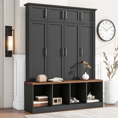 Merax Versatile Hall Tree with 4 Hanging Hooks，Brown Wood Grain Bench with Multiple Storage Space
