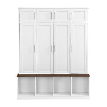 Merax Versatile Hall Tree with 4 Hanging Hooks，Brown Wood Grain Bench with Multiple Storage Space