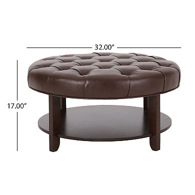Merax Rumbrook Tufted Round Ottoman with Shelf - Faux Leather