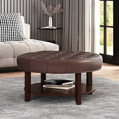 Merax Rumbrook Tufted Round Ottoman with Shelf - Faux Leather