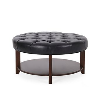 Merax Rumbrook Tufted Round Ottoman with Shelf - Faux Leather