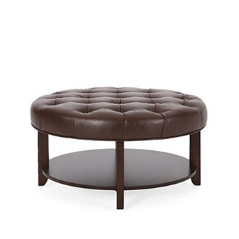 Merax Rumbrook Tufted Round Ottoman with Shelf - Faux Leather