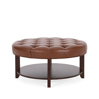 Merax Rumbrook Tufted Round Ottoman with Shelf - Faux Leather