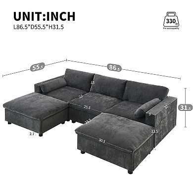 Merax 86.5'' Chenille Modular Sectional Sofa with Storage Pockets, 5 Seat U Shaped Couch Set