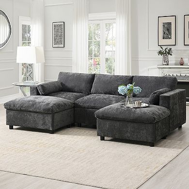 Merax 86.5'' Chenille Modular Sectional Sofa with Storage Pockets, 5 Seat U Shaped Couch Set