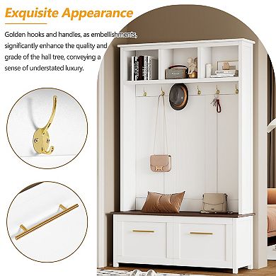 Merax Versatile 4-in-1 Hall Tree，Entryway Coat Rack with 2 Drawers for Living Room