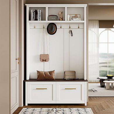 Merax Versatile 4-in-1 Hall Tree，Entryway Coat Rack with 2 Drawers for Living Room