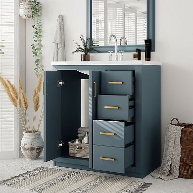 Merax 30'' Bathroom Vanity with Ceramic Sink Combo, Solid Wood Frame Bathroom Storage Cabinet