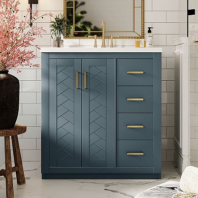 Merax 30'' Bathroom Vanity with Ceramic Sink Combo, Solid Wood Frame Bathroom Storage Cabinet