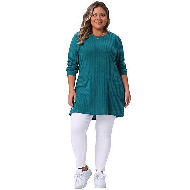 Plus Size Sweaters for Women Round Neck Long Sleeve Ribbed Knit Loose Pocket Pullover Top