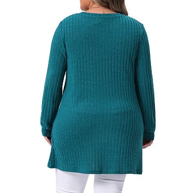Plus Size Sweaters for Women Round Neck Long Sleeve Ribbed Knit Loose Pocket Pullover Top