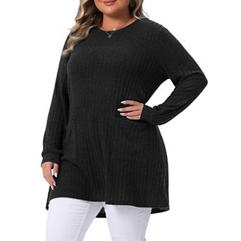 Plus Size Sweaters for Women Round Neck Long Sleeve Ribbed Knit Loose Pocket Pullover Top