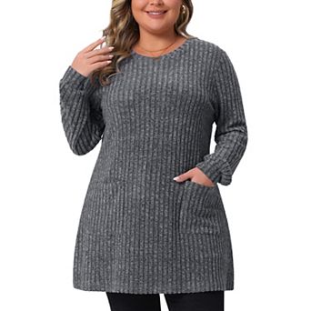 Plus Size Sweaters for Women Round Neck Long Sleeve Ribbed Knit Loose Pocket Pullover Top