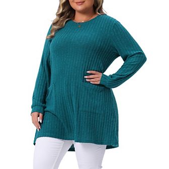Plus Size Sweaters for Women Round Neck Long Sleeve Ribbed Knit Loose Pocket Pullover Top
