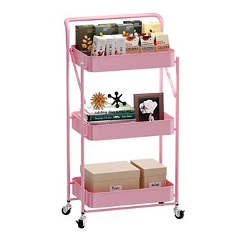 Foldable 3 tier Rolling Cart, Metal Utility Cart, Multi-Function Storage Trolley Organizer Cart