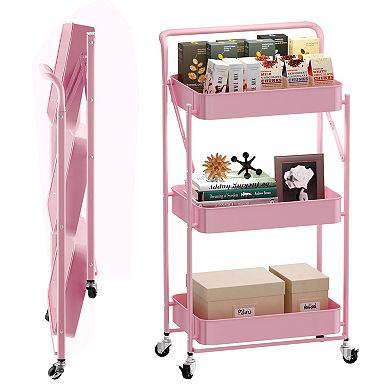 Foldable 3 Tier Rolling Cart, Metal Utility Cart, Multi-Function Storage Trolley Organizer Cart