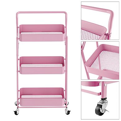 Foldable 3 Tier Rolling Cart, Metal Utility Cart, Multi-Function Storage Trolley Organizer Cart