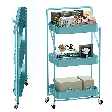 Foldable 3 Tier Rolling Cart, Metal Utility Cart, Multi-Function Storage Trolley Organizer Cart