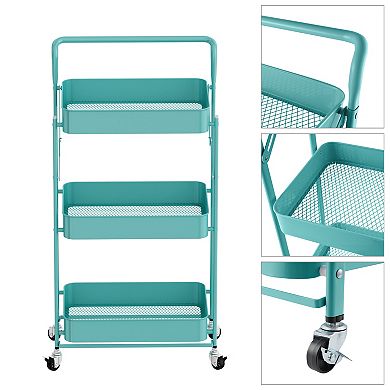 Foldable 3 Tier Rolling Cart, Metal Utility Cart, Multi-Function Storage Trolley Organizer Cart