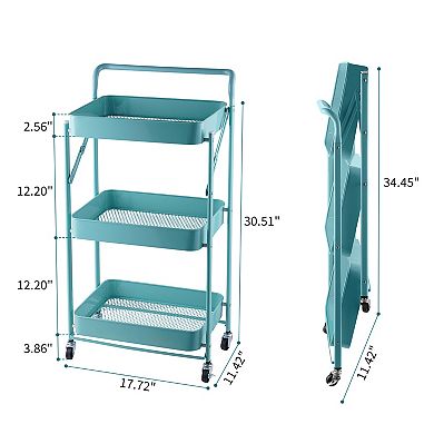 Foldable 3 Tier Rolling Cart, Metal Utility Cart, Multi-Function Storage Trolley Organizer Cart