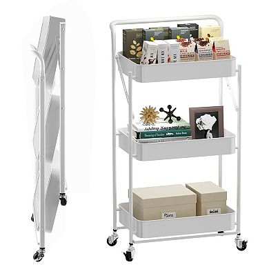 Foldable 3 Tier Rolling Cart, Metal Utility Cart, Multi-Function Storage Trolley Organizer Cart