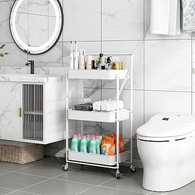 Foldable 3 Tier Rolling Cart, Metal Utility Cart, Multi-Function Storage Trolley Organizer Cart