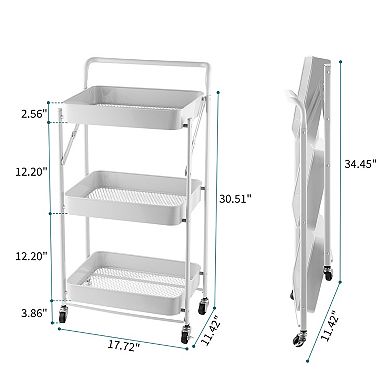 Foldable 3 Tier Rolling Cart, Metal Utility Cart, Multi-Function Storage Trolley Organizer Cart