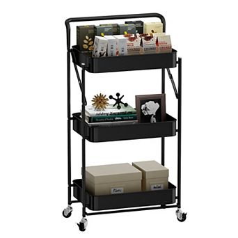 Foldable 3 tier Rolling Cart, Metal Utility Cart, Multi-Function Storage Trolley Organizer Cart