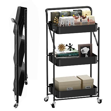Foldable 3 Tier Rolling Cart, Metal Utility Cart, Multi-Function Storage Trolley Organizer Cart