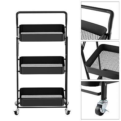 Foldable 3 Tier Rolling Cart, Metal Utility Cart, Multi-Function Storage Trolley Organizer Cart