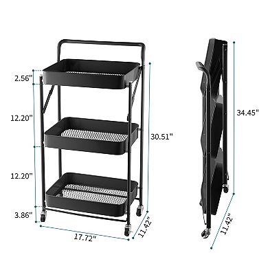 Foldable 3 Tier Rolling Cart, Metal Utility Cart, Multi-Function Storage Trolley Organizer Cart