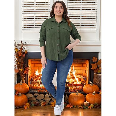 Women's Plus Size Knit Shacket Jacket Casual Long Sleeve Lapel Button Down Shirts Dressy Blouse Tops