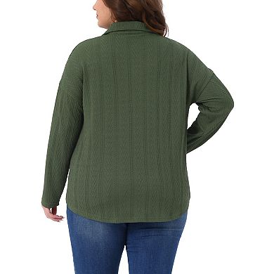 Women's Plus Size Knit Shacket Jacket Casual Long Sleeve Lapel Button Down Shirts Dressy Blouse Tops