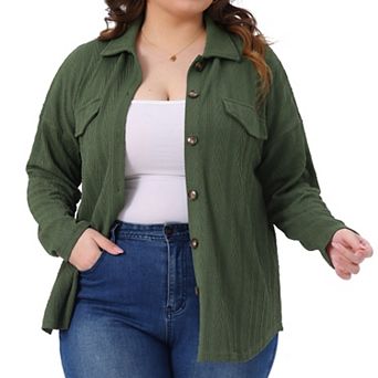 Women's Plus Size Knit Shacket Jacket Casual Long Sleeve Lapel Button Down Shirts Dressy Blouse Tops