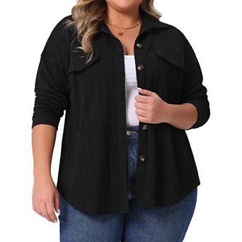 Women's Plus Size Knit Shacket Jacket Casual Long Sleeve Lapel Button Down Shirts Dressy Blouse Tops