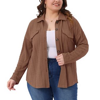Women's Plus Size Knit Shacket Jacket Casual Long Sleeve Lapel Button Down Shirts Dressy Blouse Tops